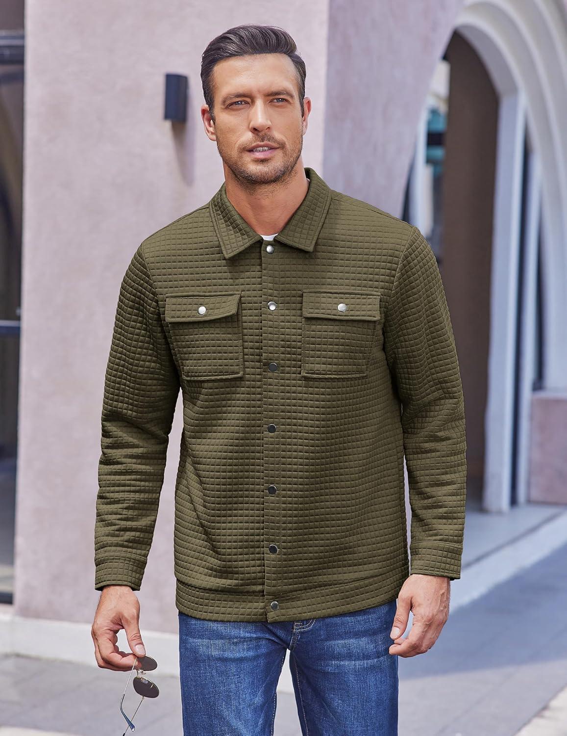 imageCOOFANDY Mens Casual Shirt Jacket Button Down Waffle Jacket Long Sleeve Sweater Jackets Quilted Shacket OvershirtArmy Green