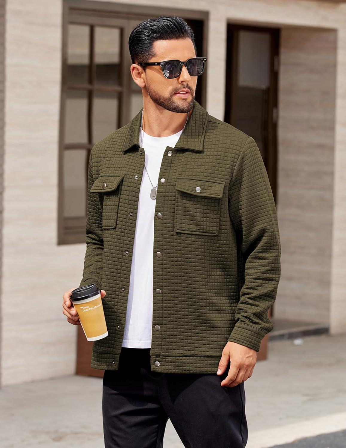 imageCOOFANDY Mens Casual Shirt Jacket Button Down Waffle Jacket Long Sleeve Sweater Jackets Quilted Shacket OvershirtArmy Green
