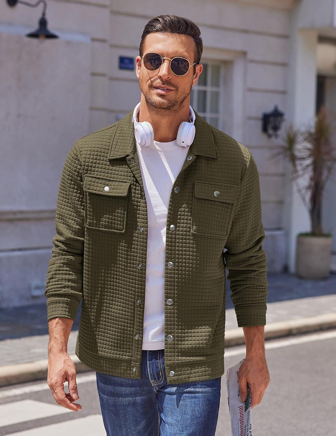 imageCOOFANDY Mens Casual Shirt Jacket Button Down Waffle Jacket Long Sleeve Sweater Jackets Quilted Shacket OvershirtArmy Green