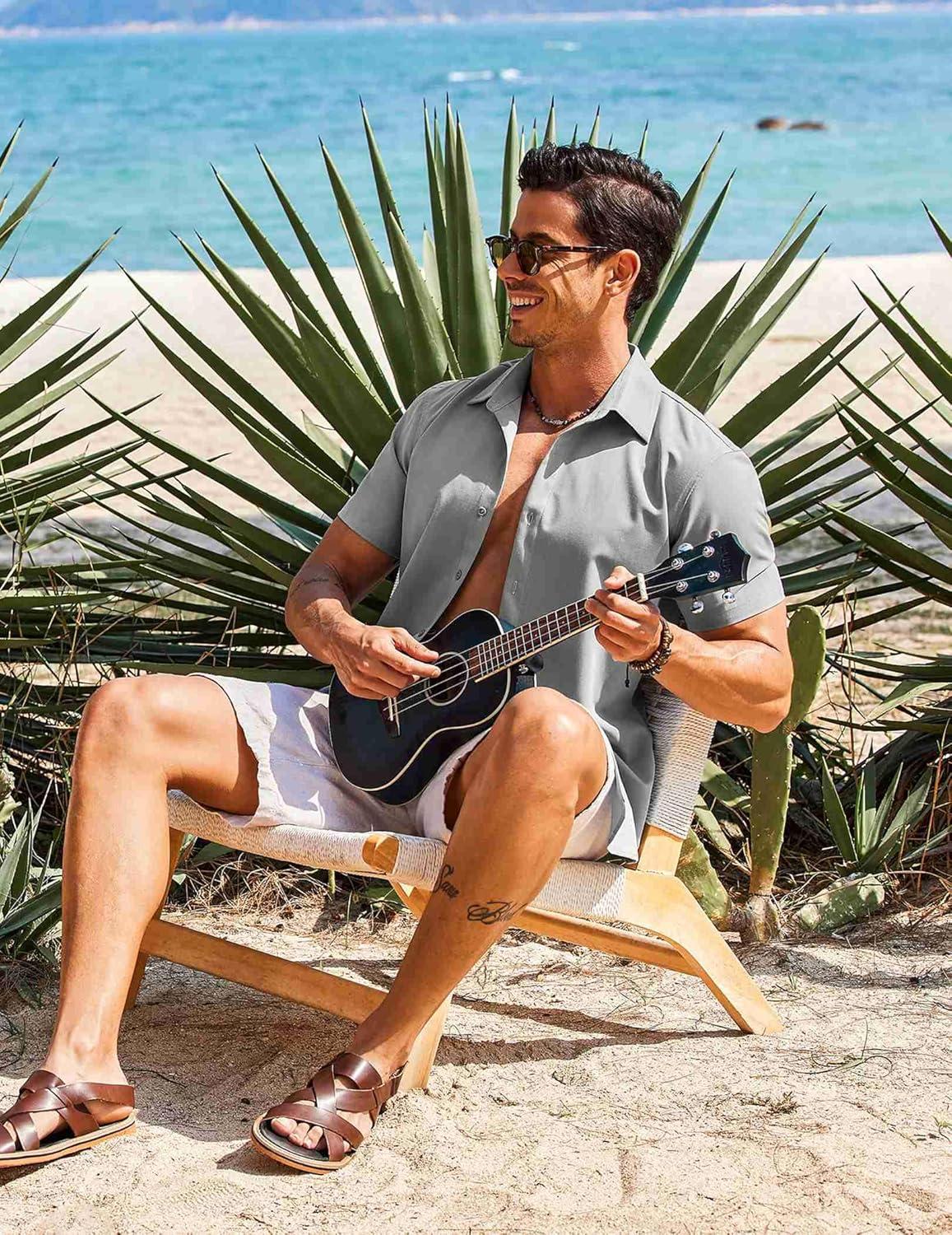 imageCOOFANDY Mens Casual Short Sleeve Button Down Shirts Summer Untucked Wrinkle Free ShirtsLight Grey