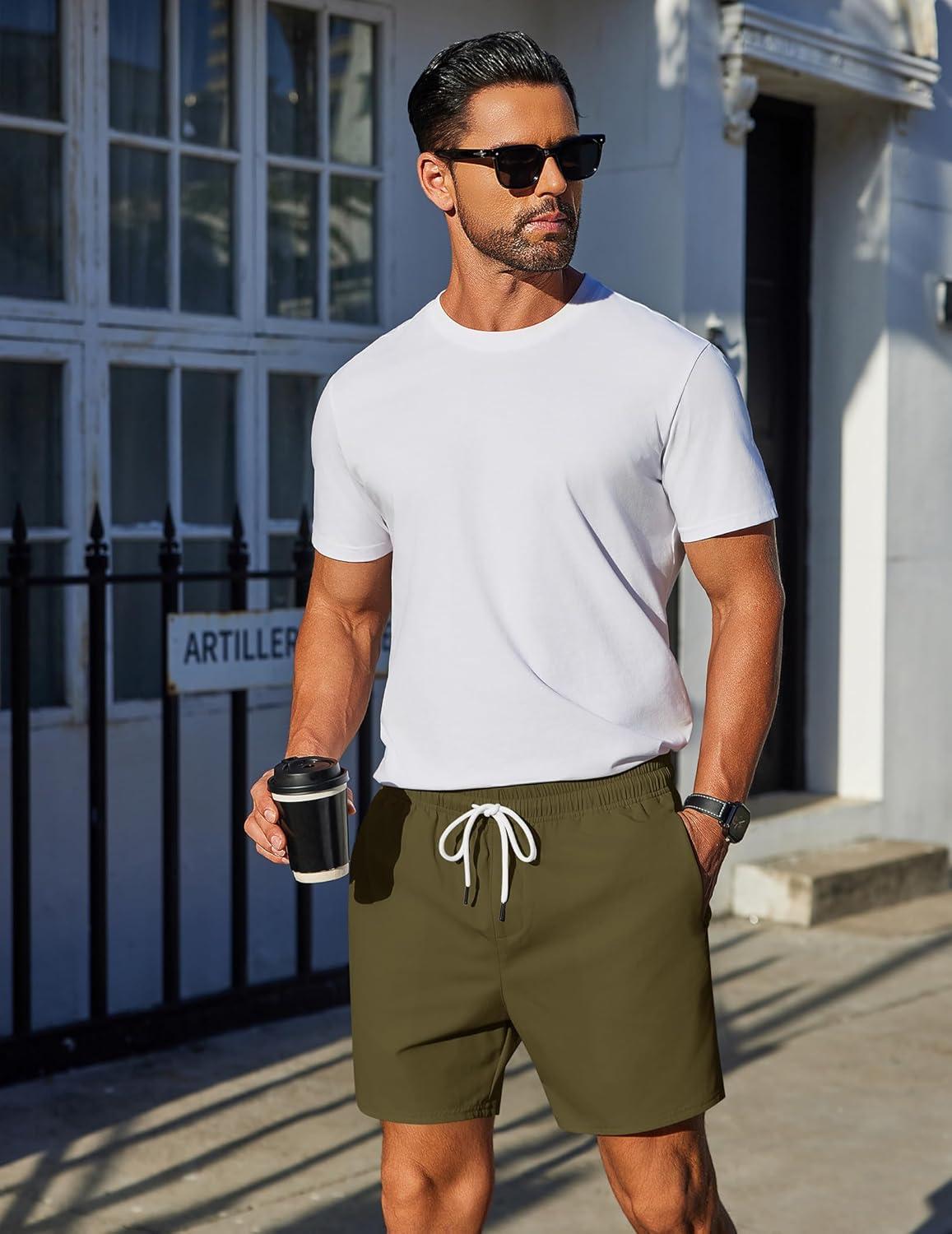 imageCOOFANDY Mens Casual Shorts 5quot Elastic Drawstring Shorts Summer Beach Athletic ShortsArmy Green