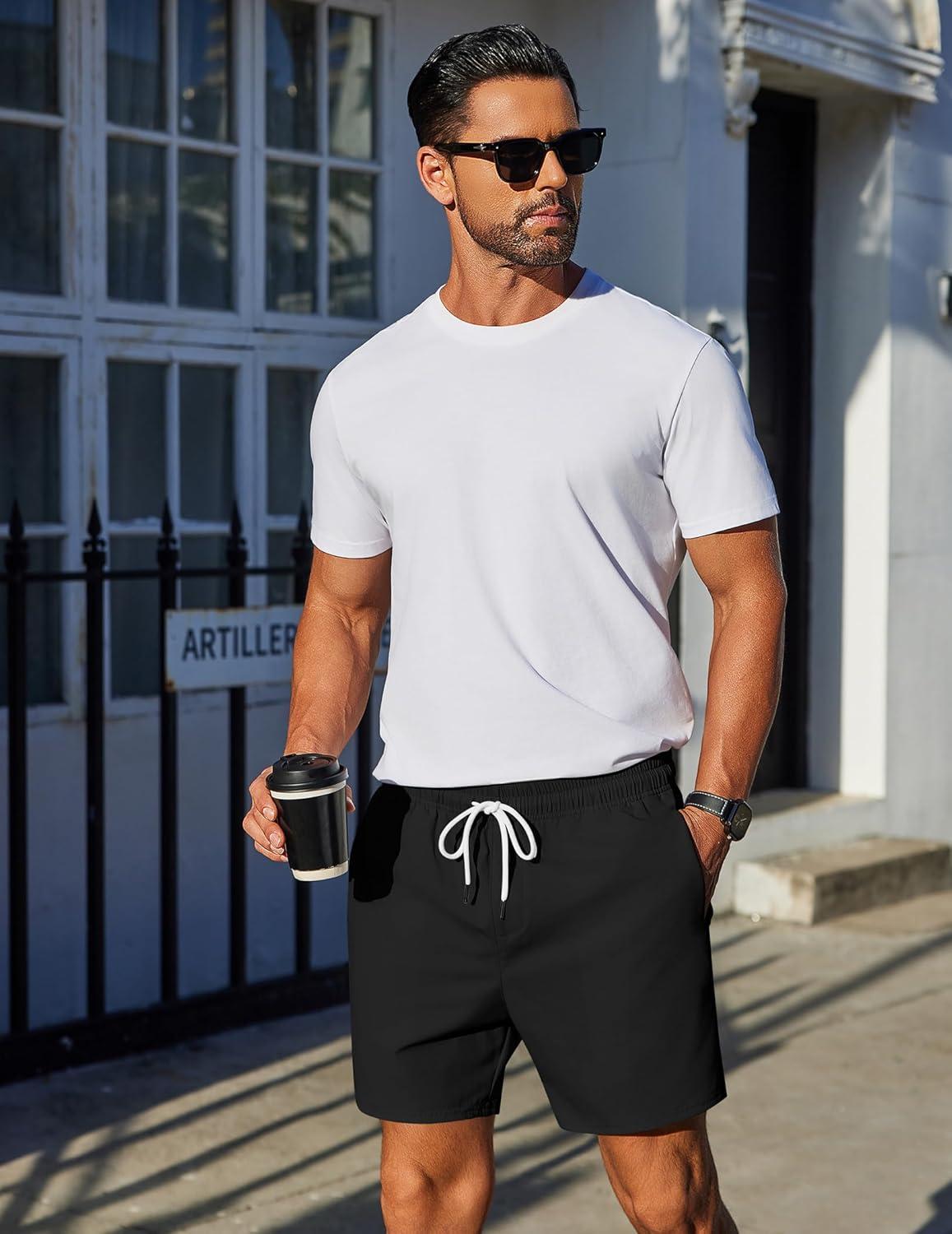 imageCOOFANDY Mens Casual Shorts 5quot Elastic Drawstring Shorts Summer Beach Athletic ShortsBlack