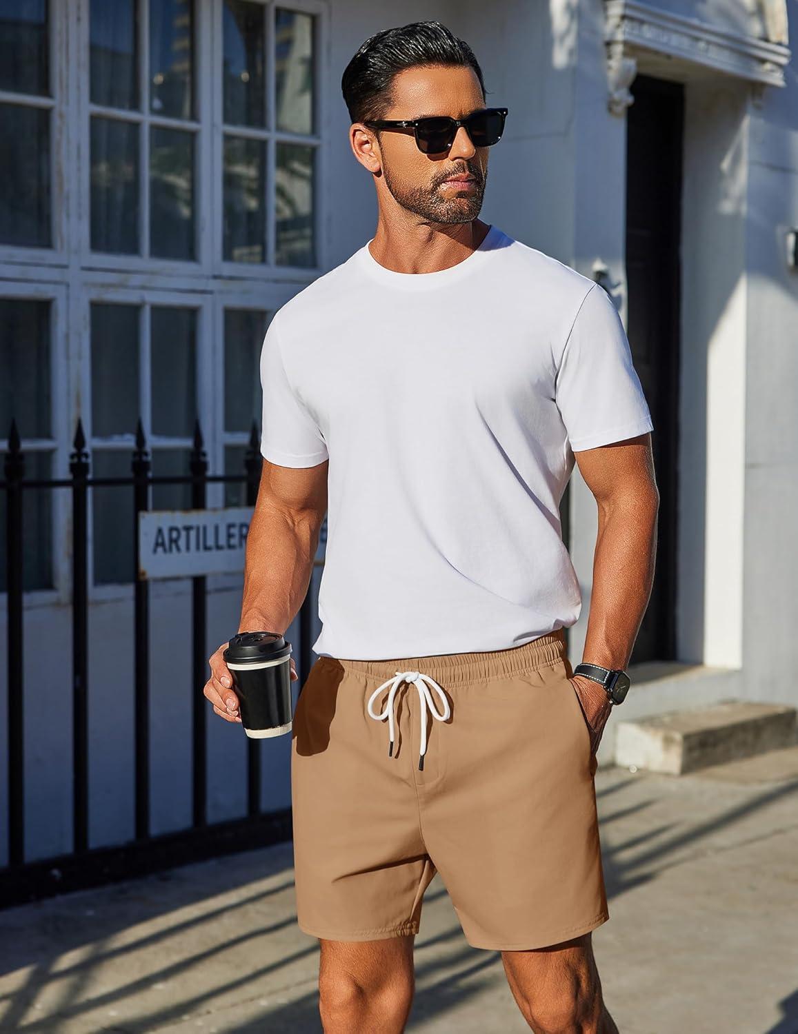 imageCOOFANDY Mens Casual Shorts 5quot Elastic Drawstring Shorts Summer Beach Athletic ShortsLight Brown