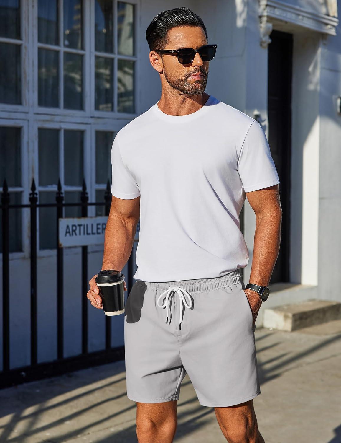 imageCOOFANDY Mens Casual Shorts 5quot Elastic Drawstring Shorts Summer Beach Athletic ShortsLight Grey