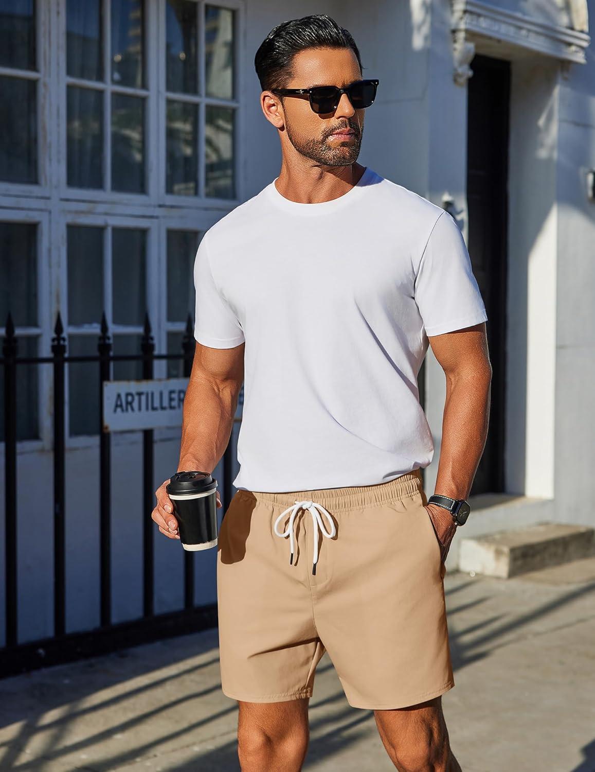 imageCOOFANDY Mens Casual Shorts 5quot Elastic Drawstring Shorts Summer Beach Athletic ShortsLight Khaki