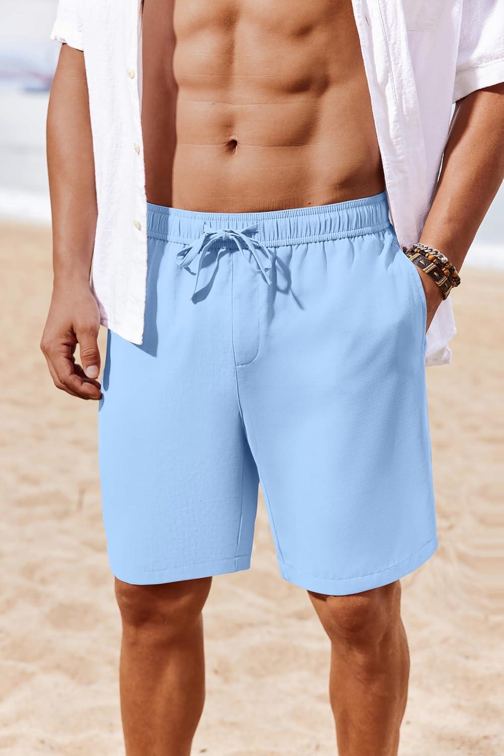 imageCOOFANDY Mens Casual Shorts 7 inch Elastic Waist Drawstring Lightweight Summer Beach Shorts with PocketsLight Blue