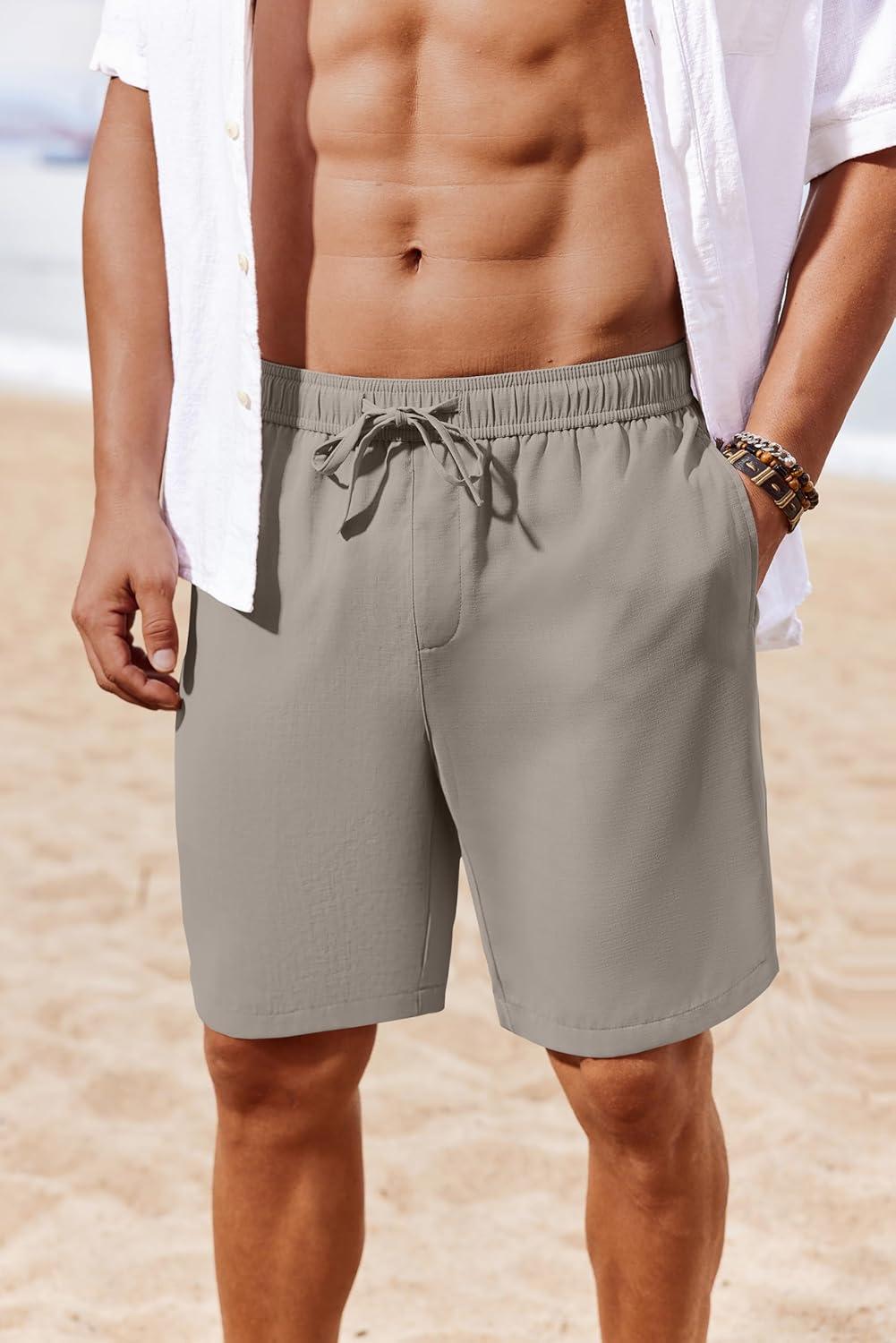 imageCOOFANDY Mens Casual Shorts 7 inch Elastic Waist Drawstring Lightweight Summer Beach Shorts with PocketsLight Grey