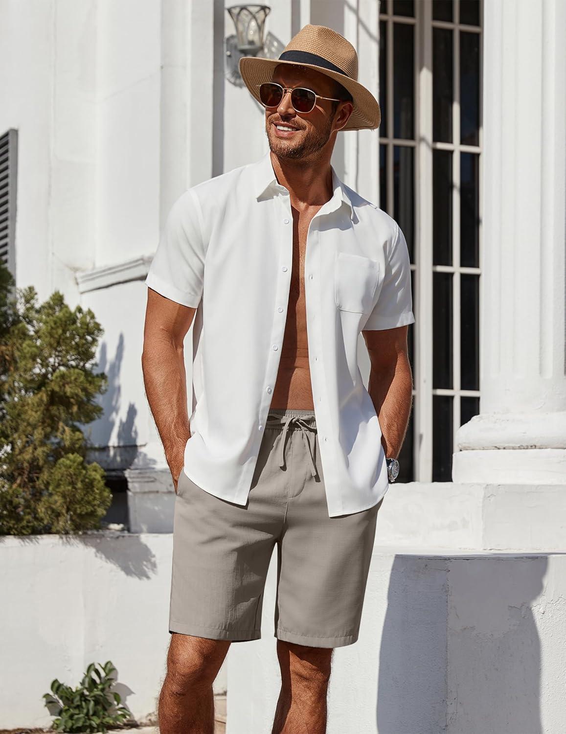 imageCOOFANDY Mens Casual Shorts 7 inch Elastic Waist Drawstring Lightweight Summer Beach Shorts with PocketsLight Grey