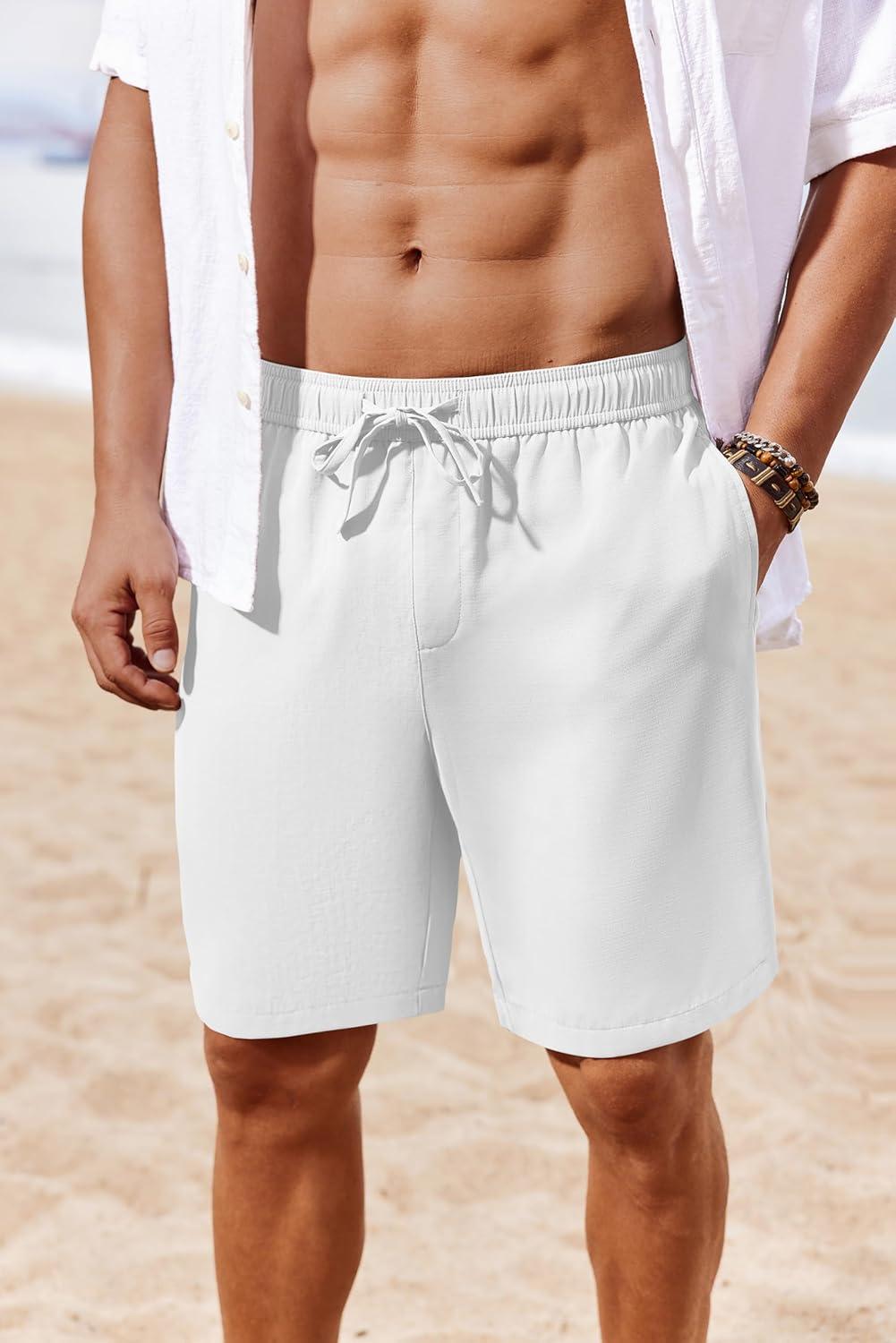 imageCOOFANDY Mens Casual Shorts 7 inch Elastic Waist Drawstring Lightweight Summer Beach Shorts with PocketsWhite
