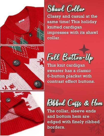 imageCOOFANDY Mens Christmas Cardigans Ugly Xmas Sweaters Reindeer Snowflake Shawl Collar Knitted Cardigan SweaterRed Elk Green White