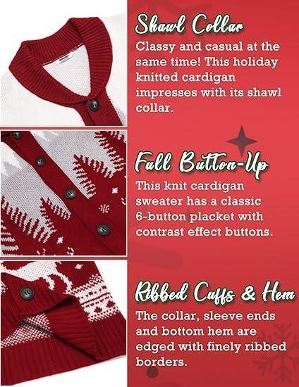imageCOOFANDY Mens Christmas Cardigans Ugly Xmas Sweaters Reindeer Snowflake Shawl Collar Knitted Cardigan SweaterRedwhitegray
