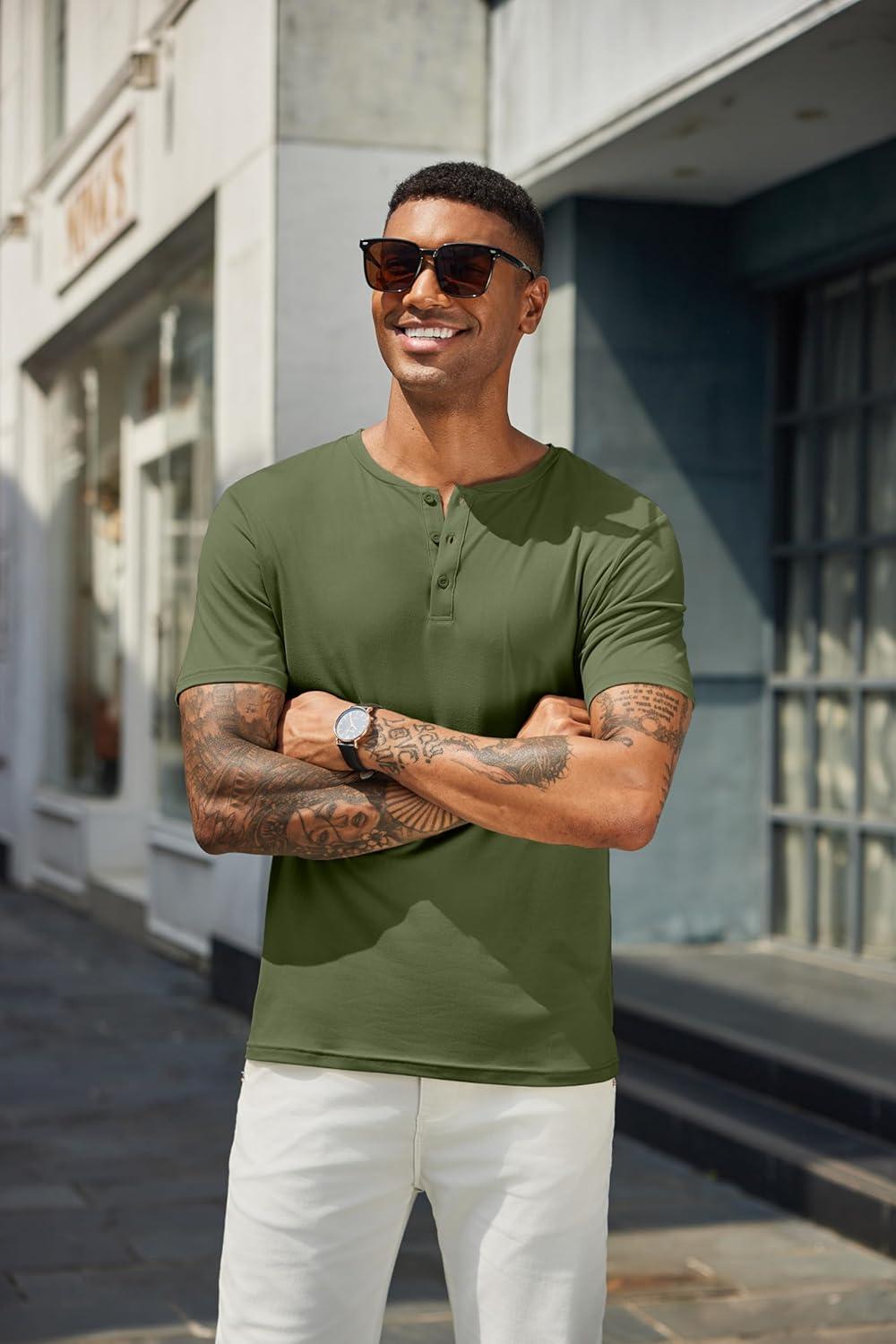 imageCOOFANDY Mens Cotton Henley TShirts Short Sleeve Button Casual Basic Tees Work Shirts with Split SideAarmy Green