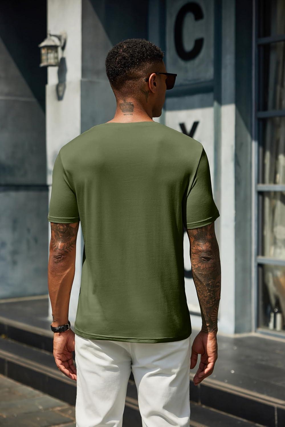 imageCOOFANDY Mens Cotton Henley TShirts Short Sleeve Button Casual Basic Tees Work Shirts with Split SideAarmy Green