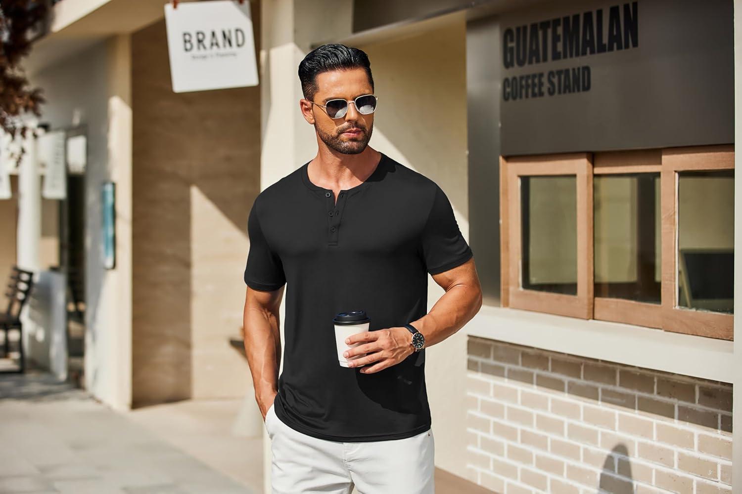 imageCOOFANDY Mens Cotton Henley TShirts Short Sleeve Button Casual Basic Tees Work Shirts with Split SideAblack