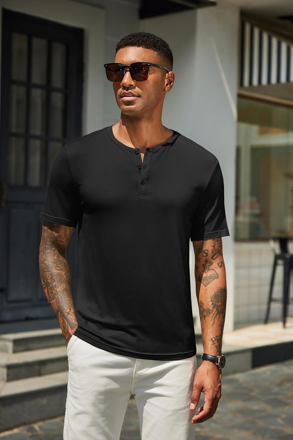 imageCOOFANDY Mens Cotton Henley TShirts Short Sleeve Button Casual Basic Tees Work Shirts with Split SideAblack