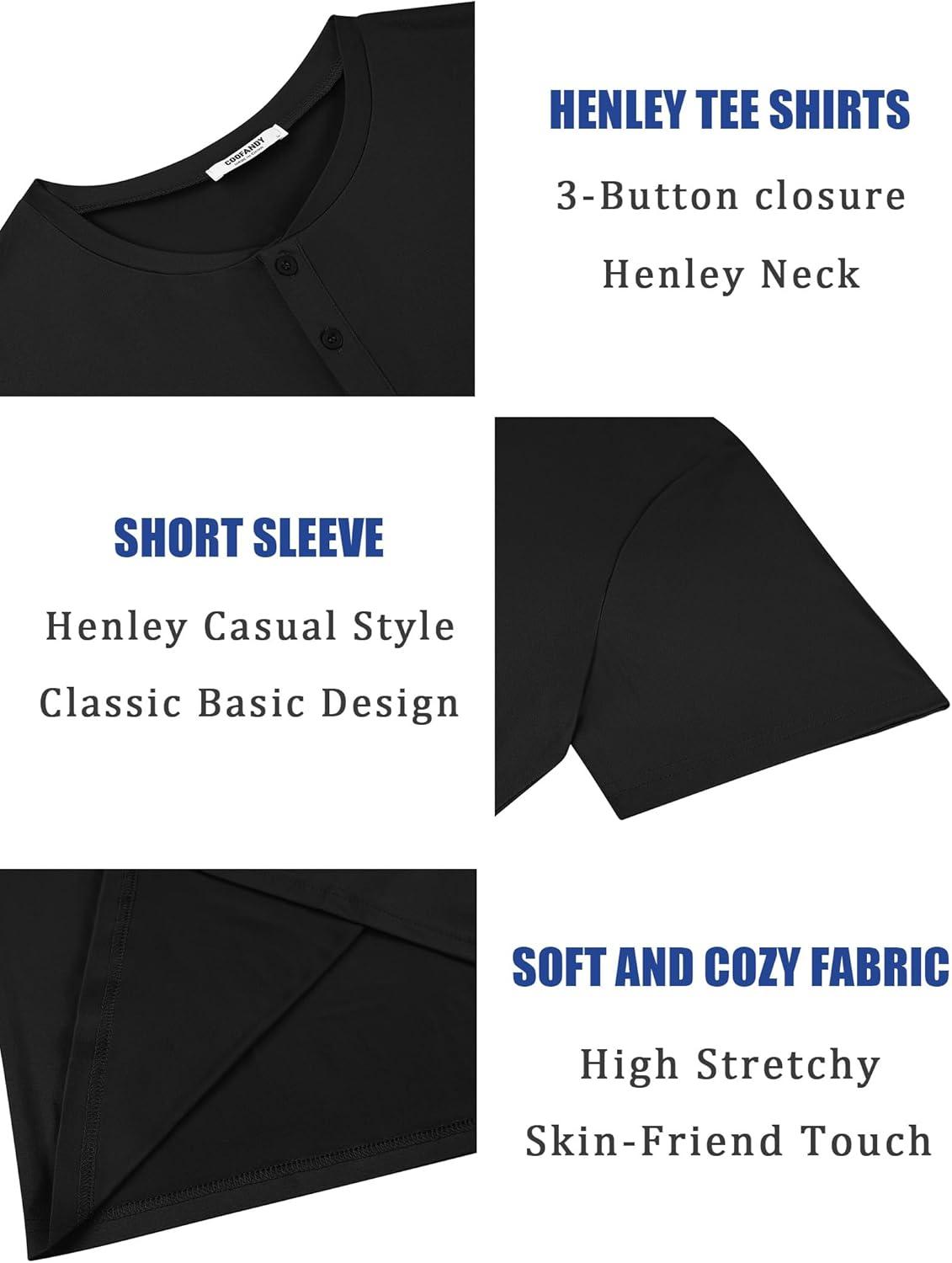 imageCOOFANDY Mens Cotton Henley TShirts Short Sleeve Button Casual Basic Tees Work Shirts with Split SideAblack