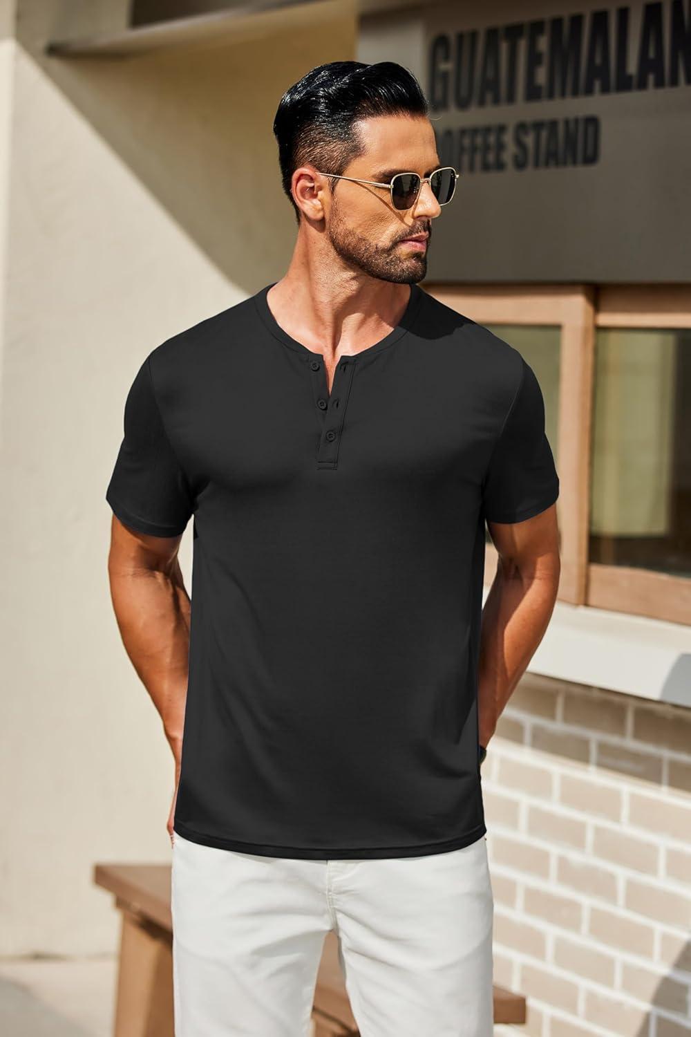imageCOOFANDY Mens Cotton Henley TShirts Short Sleeve Button Casual Basic Tees Work Shirts with Split SideAblack
