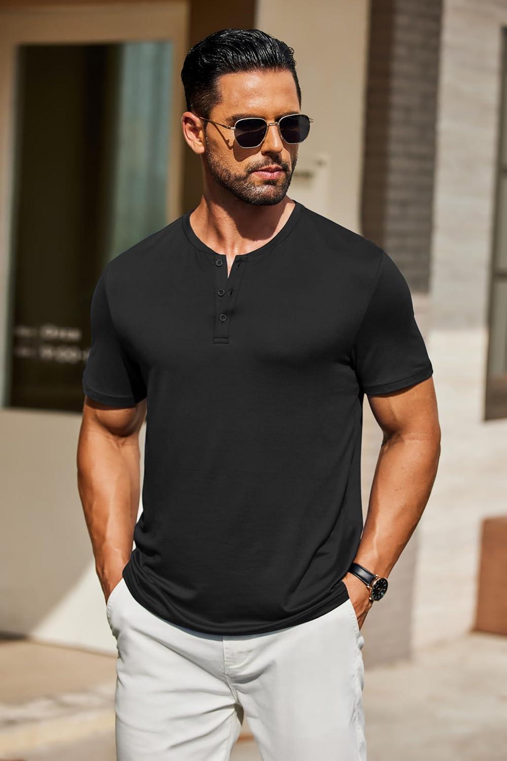 imageCOOFANDY Mens Cotton Henley TShirts Short Sleeve Button Casual Basic Tees Work Shirts with Split SideAblack