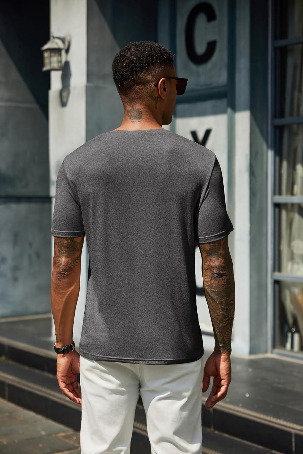 imageCOOFANDY Mens Cotton Henley TShirts Short Sleeve Button Casual Basic Tees Work Shirts with Split SideAdark Grey
