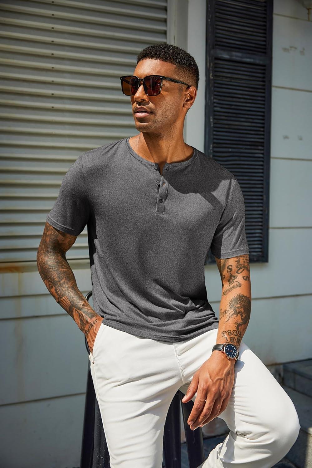 imageCOOFANDY Mens Cotton Henley TShirts Short Sleeve Button Casual Basic Tees Work Shirts with Split SideAdark Grey