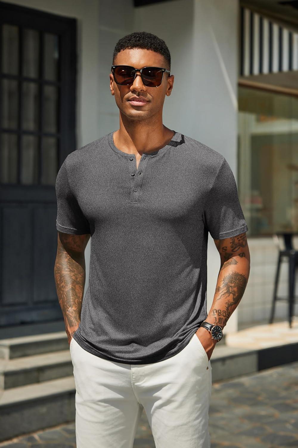imageCOOFANDY Mens Cotton Henley TShirts Short Sleeve Button Casual Basic Tees Work Shirts with Split SideAdark Grey