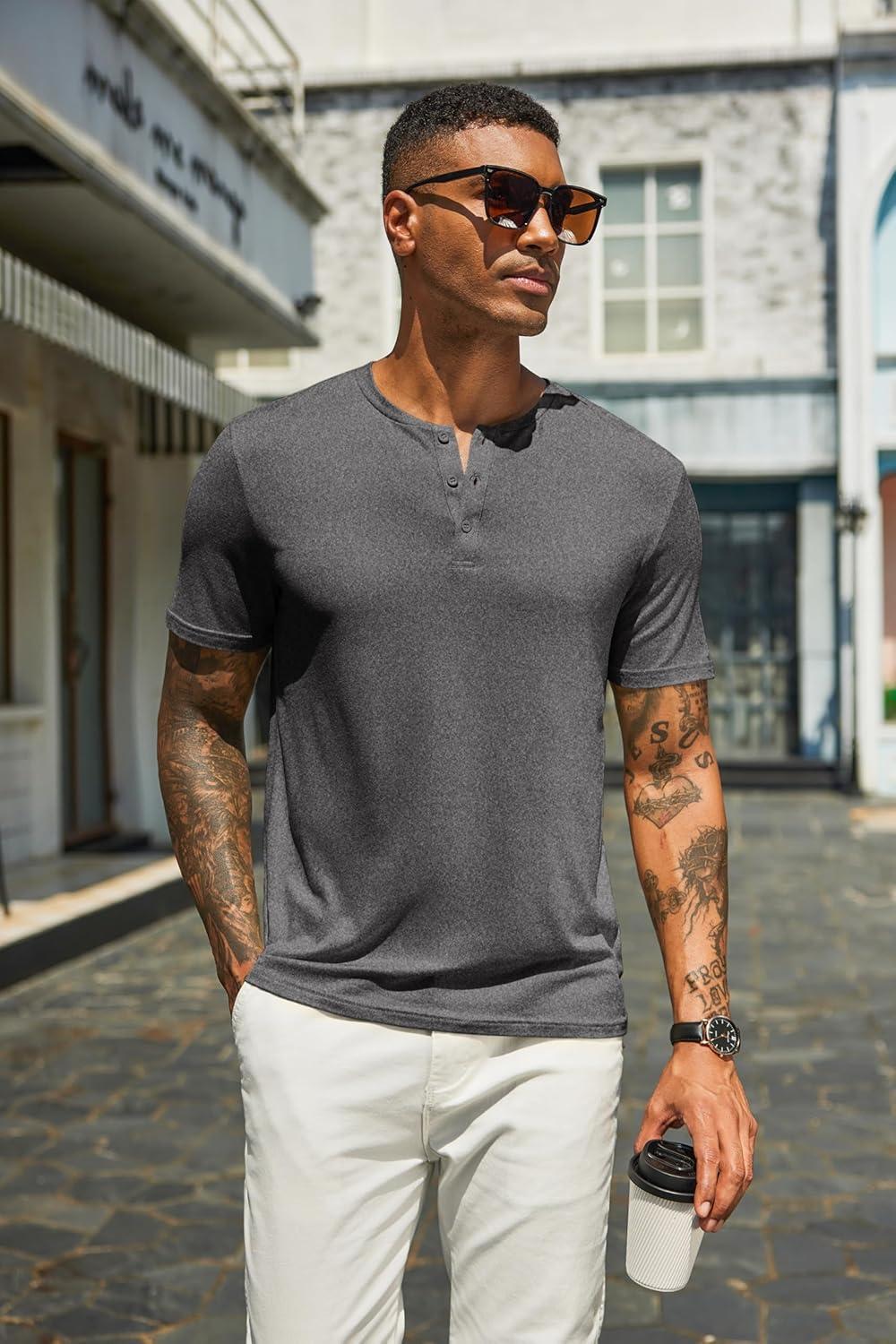 imageCOOFANDY Mens Cotton Henley TShirts Short Sleeve Button Casual Basic Tees Work Shirts with Split SideAdark Grey