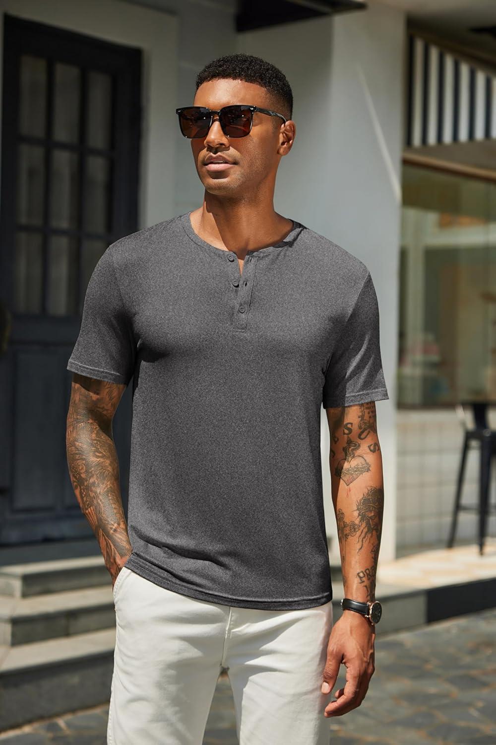 imageCOOFANDY Mens Cotton Henley TShirts Short Sleeve Button Casual Basic Tees Work Shirts with Split SideAdark Grey
