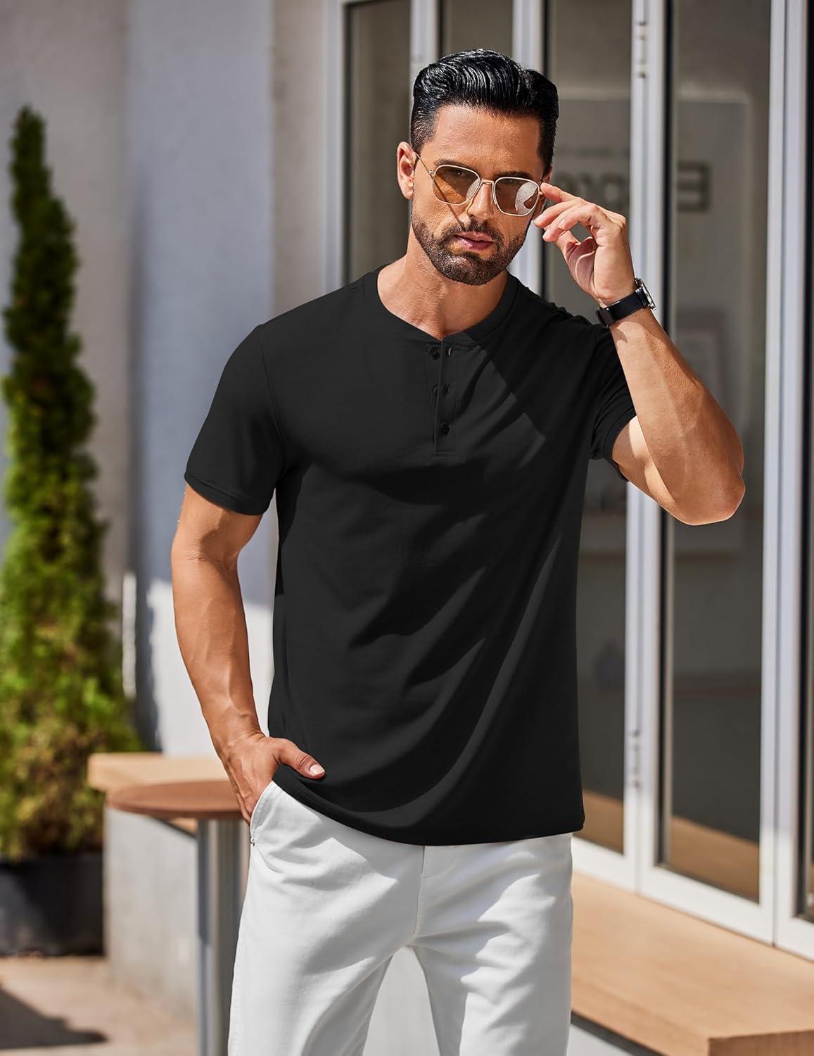 imageCOOFANDY Mens Cotton Henley TShirts Short Sleeve Button Casual Basic Tees Work Shirts with Split SideAll Black