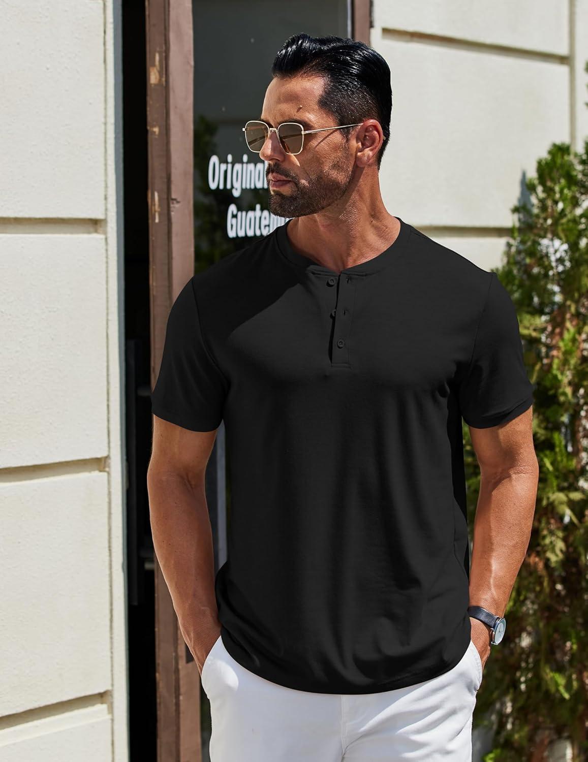 imageCOOFANDY Mens Cotton Henley TShirts Short Sleeve Button Casual Basic Tees Work Shirts with Split SideAll Black