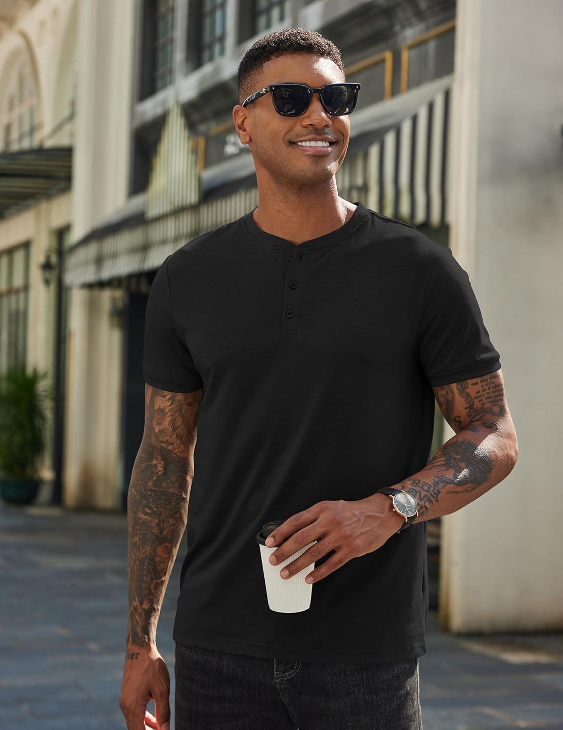 imageCOOFANDY Mens Cotton Henley TShirts Short Sleeve Button Casual Basic Tees Work Shirts with Split SideAll Black