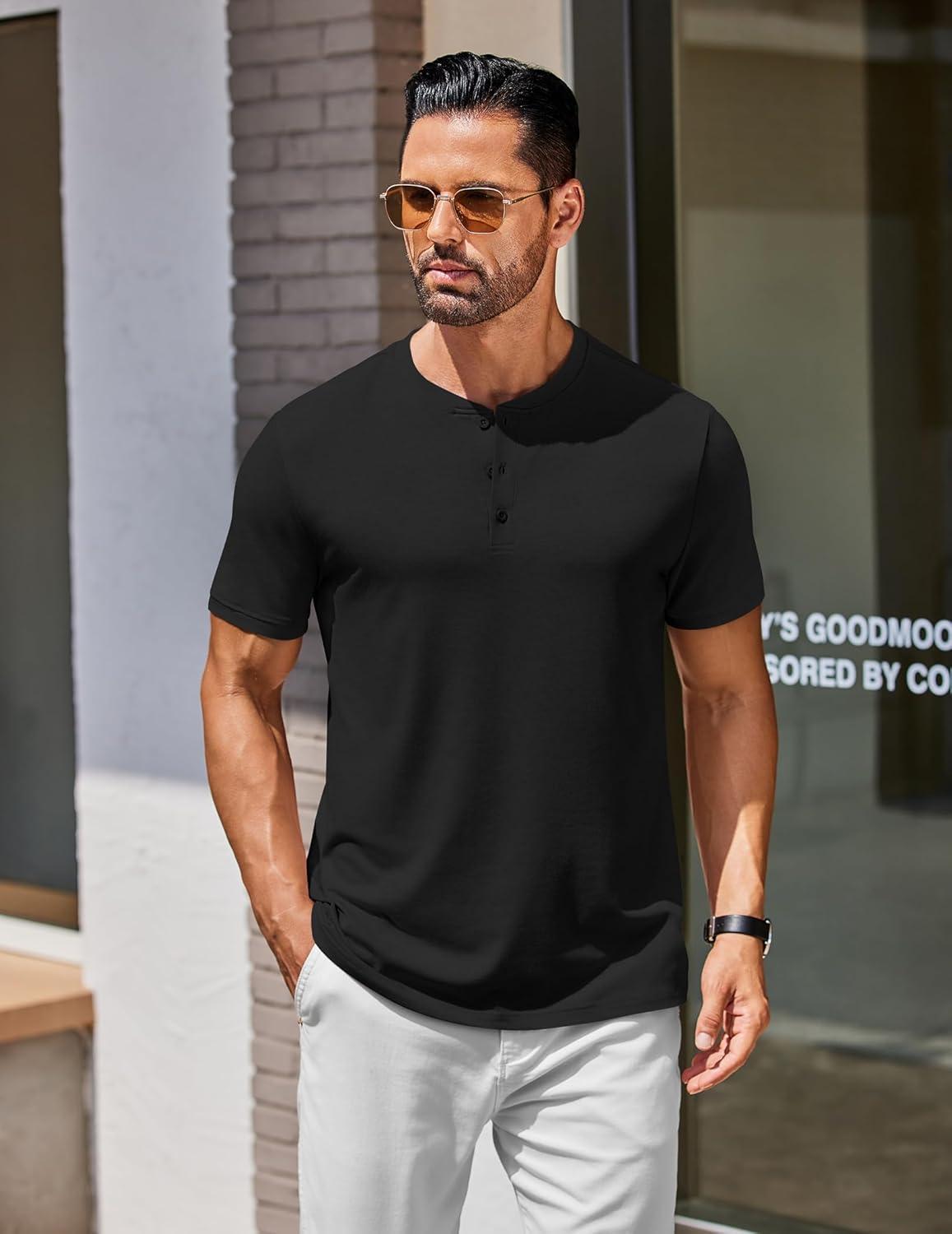 imageCOOFANDY Mens Cotton Henley TShirts Short Sleeve Button Casual Basic Tees Work Shirts with Split SideAll Black