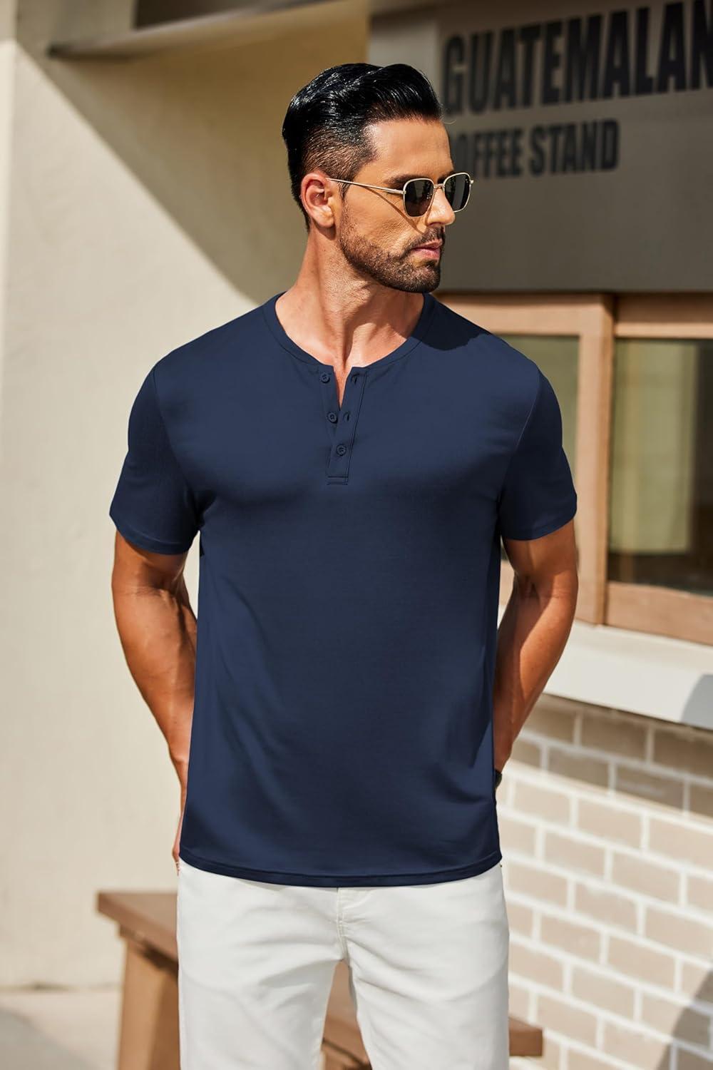imageCOOFANDY Mens Cotton Henley TShirts Short Sleeve Button Casual Basic Tees Work Shirts with Split SideAnavy Blue