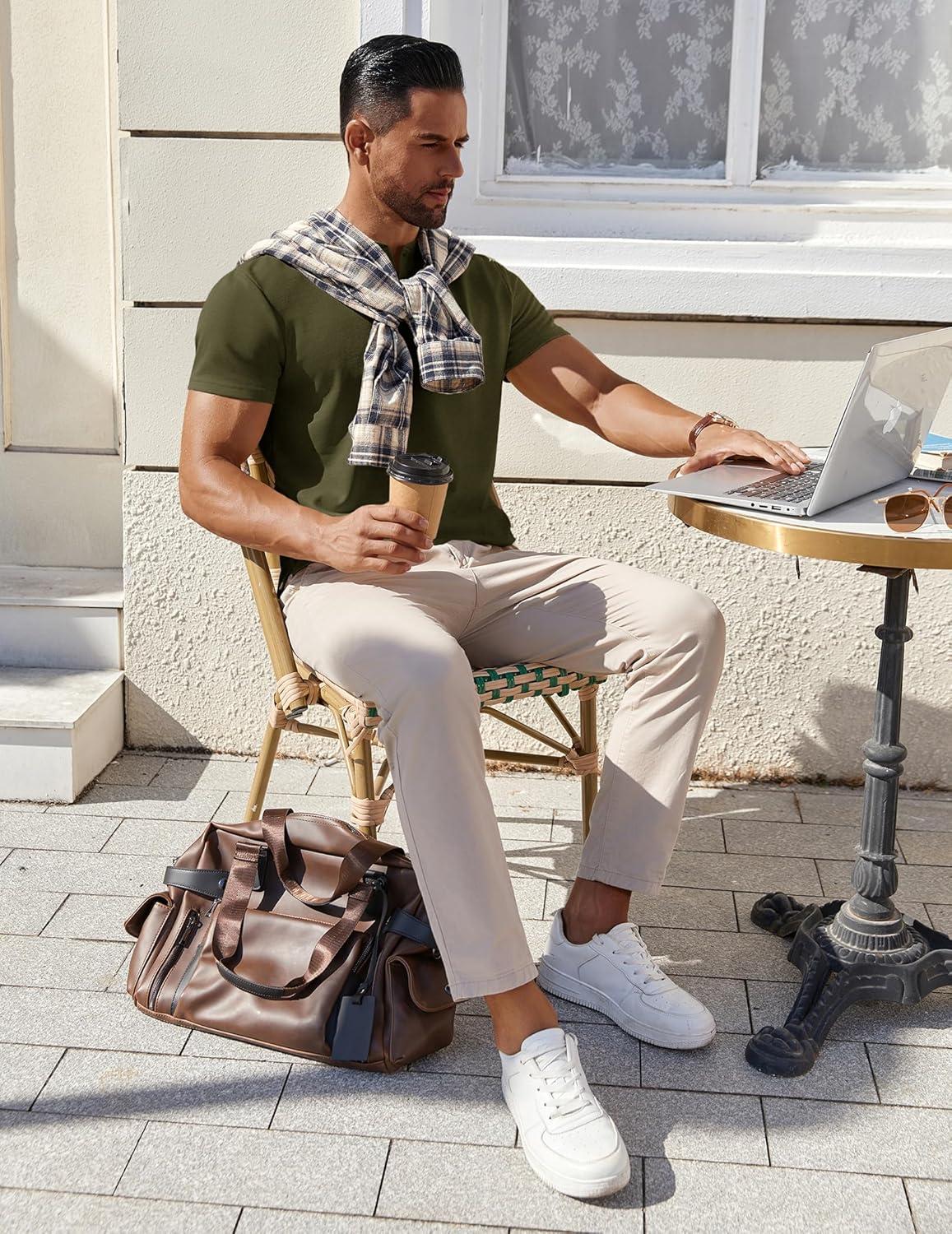 imageCOOFANDY Mens Cotton Henley TShirts Short Sleeve Button Casual Basic Tees Work Shirts with Split SideArmy Green