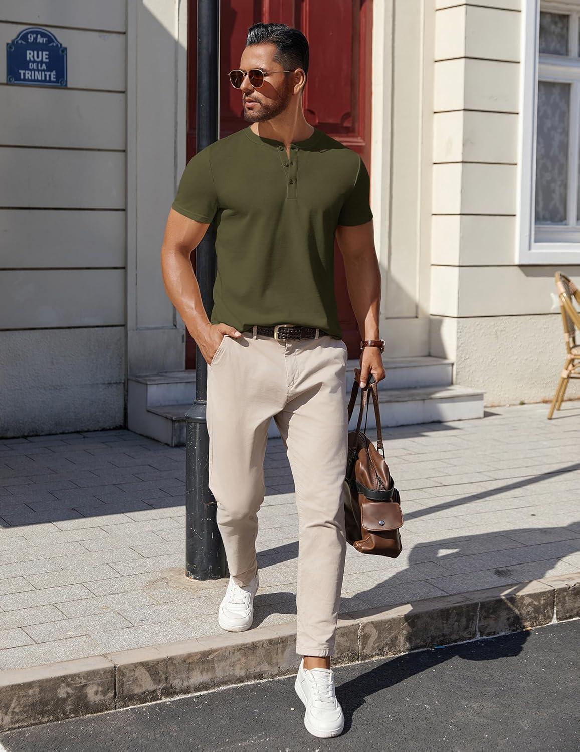 imageCOOFANDY Mens Cotton Henley TShirts Short Sleeve Button Casual Basic Tees Work Shirts with Split SideArmy Green
