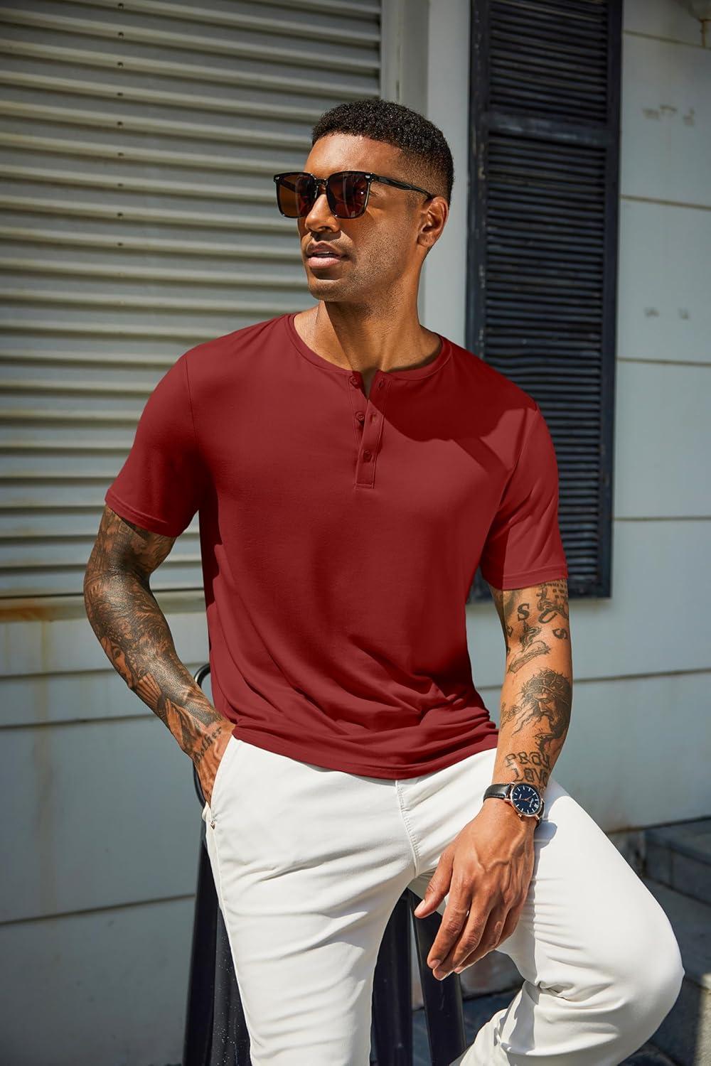 imageCOOFANDY Mens Cotton Henley TShirts Short Sleeve Button Casual Basic Tees Work Shirts with Split SideAwine Red