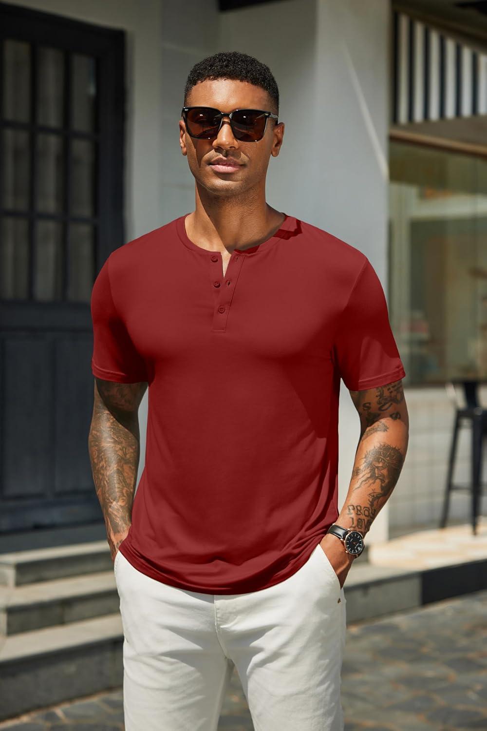 imageCOOFANDY Mens Cotton Henley TShirts Short Sleeve Button Casual Basic Tees Work Shirts with Split SideAwine Red