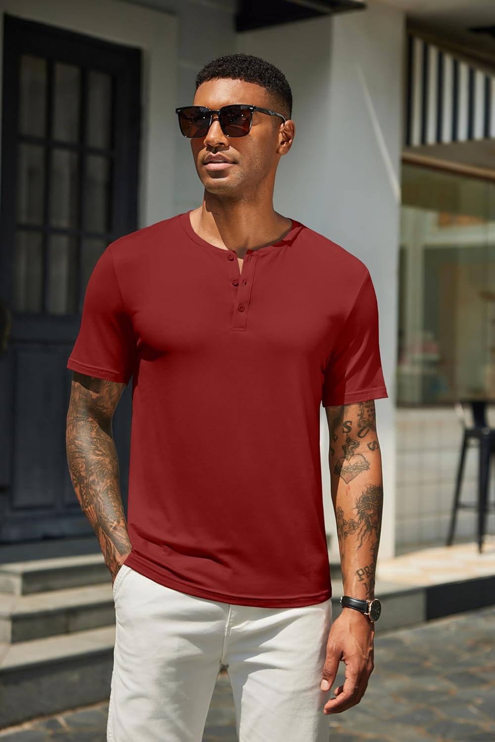 imageCOOFANDY Mens Cotton Henley TShirts Short Sleeve Button Casual Basic Tees Work Shirts with Split SideAwine Red