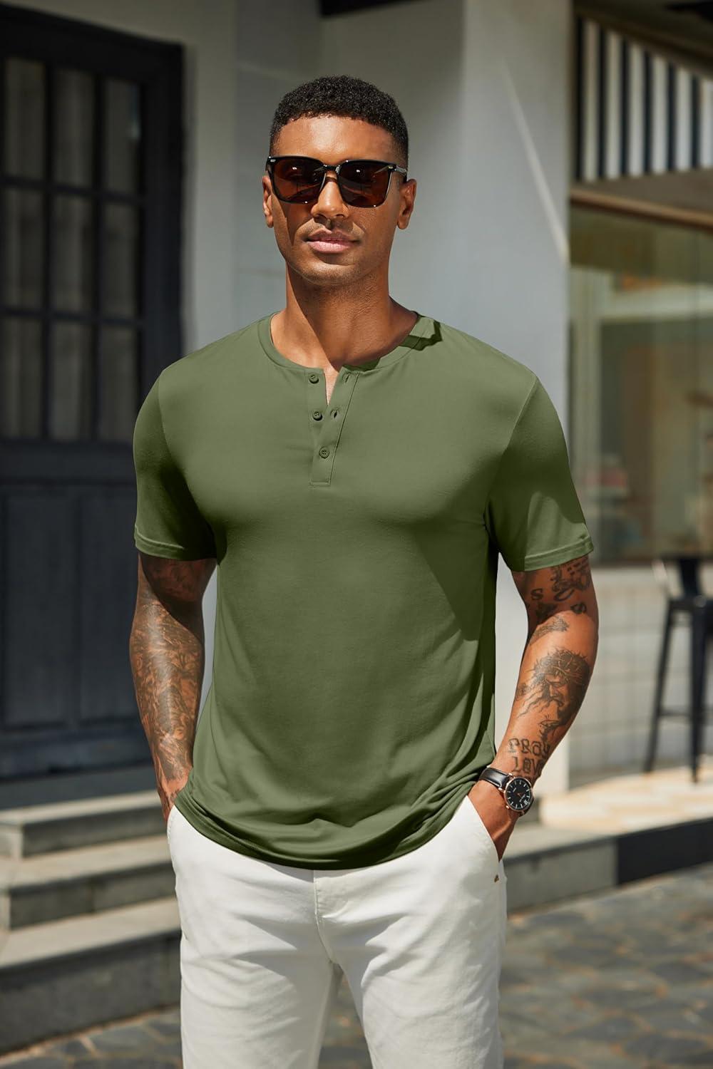 imageCOOFANDY Mens Cotton Henley TShirts Short Sleeve Button Casual Basic Tees Work Shirts with Split SideB2 Pack BlackArmy Green