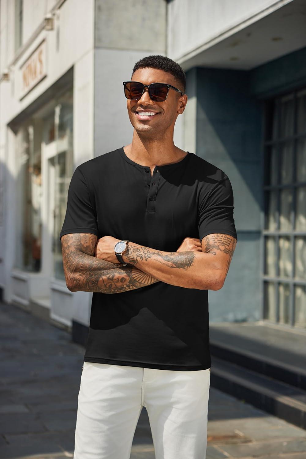 imageCOOFANDY Mens Cotton Henley TShirts Short Sleeve Button Casual Basic Tees Work Shirts with Split SideB2 Pack BlackArmy Green