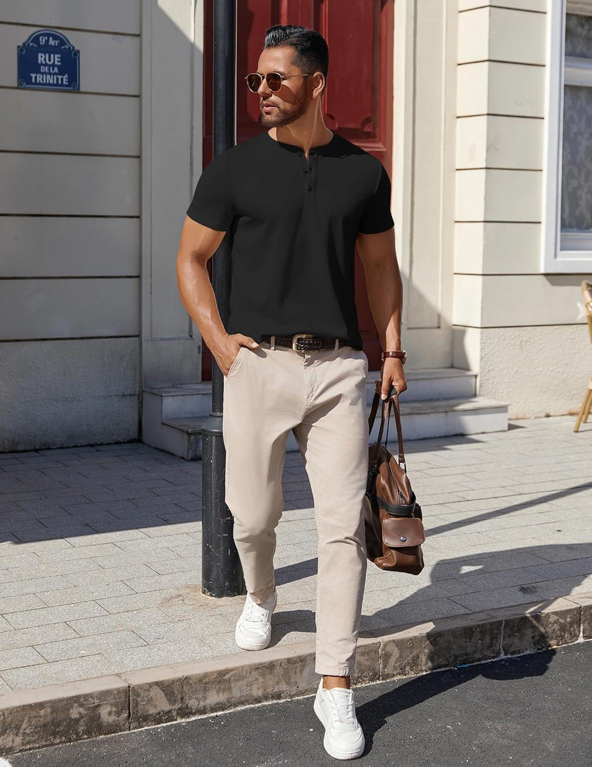 imageCOOFANDY Mens Cotton Henley TShirts Short Sleeve Button Casual Basic Tees Work Shirts with Split SideBlack