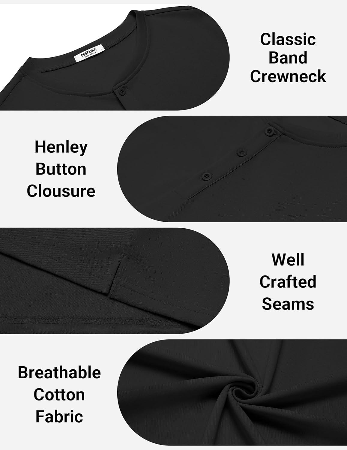 imageCOOFANDY Mens Cotton Henley TShirts Short Sleeve Button Casual Basic Tees Work Shirts with Split SideBlack