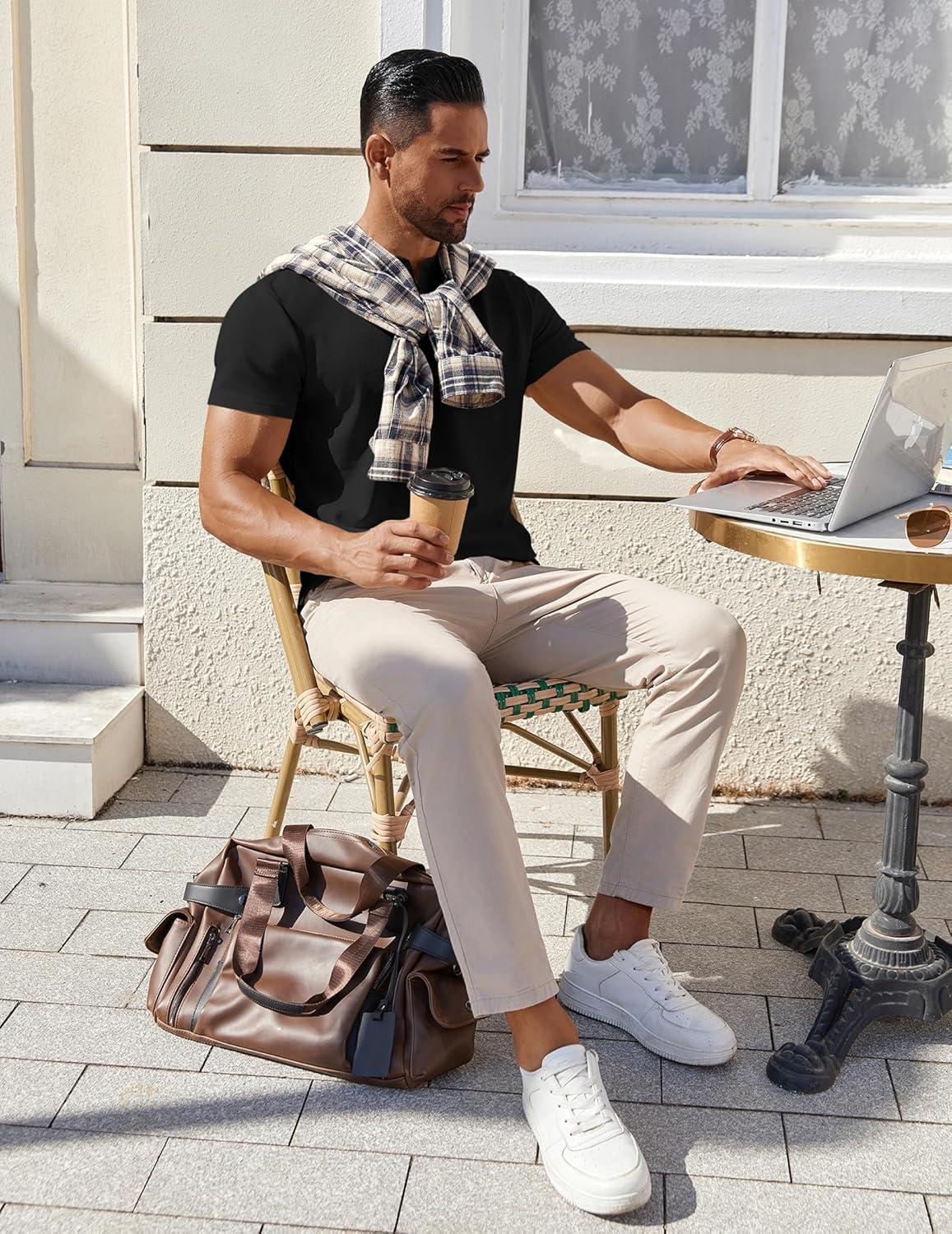 imageCOOFANDY Mens Cotton Henley TShirts Short Sleeve Button Casual Basic Tees Work Shirts with Split SideBlack