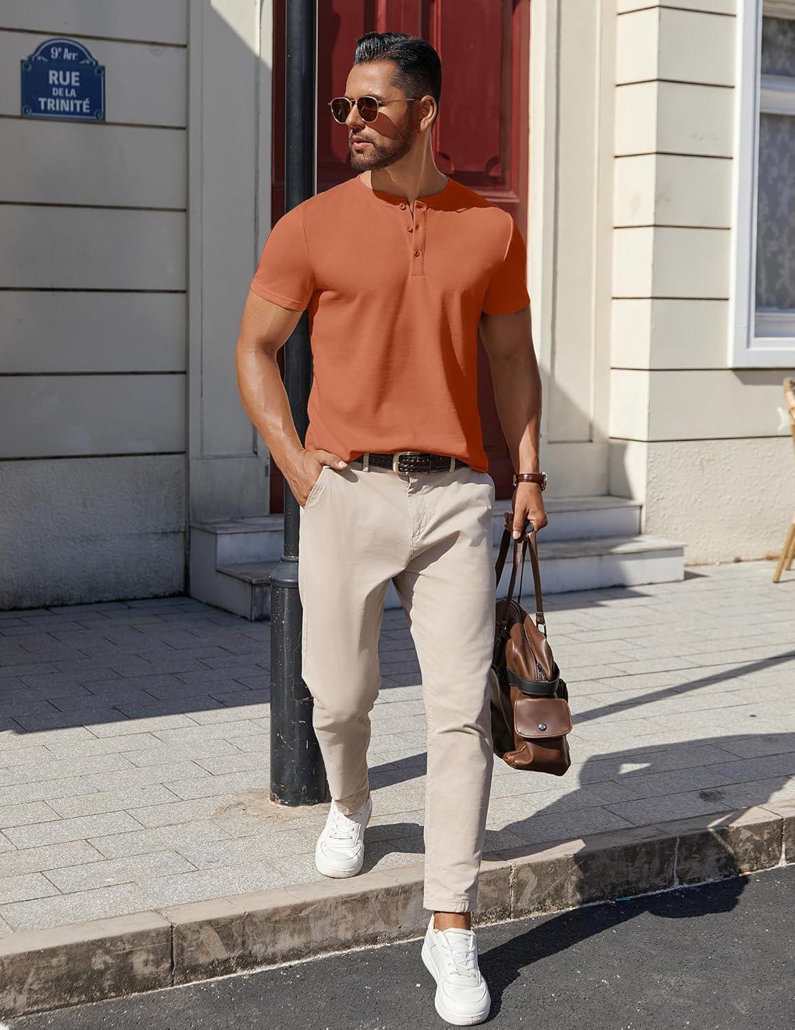 imageCOOFANDY Mens Cotton Henley TShirts Short Sleeve Button Casual Basic Tees Work Shirts with Split SideCaramel