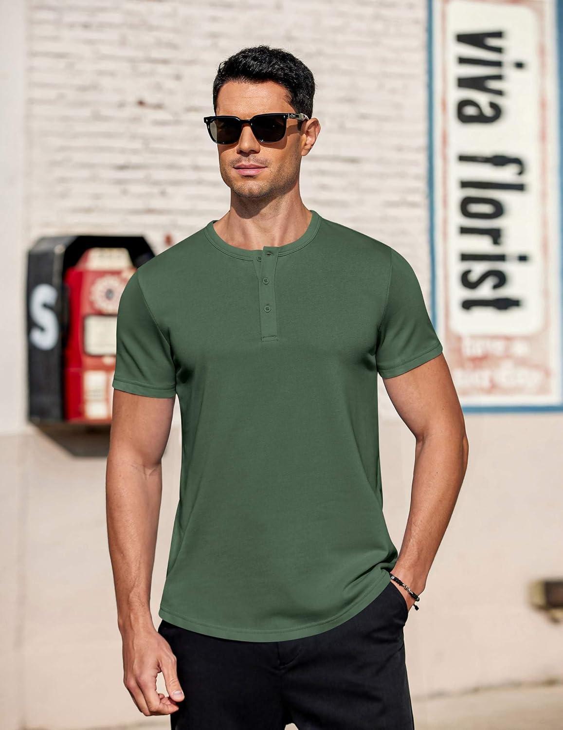 imageCOOFANDY Mens Cotton Henley TShirts Short Sleeve Button Casual Basic Tees Work Shirts with Split SideDark Green