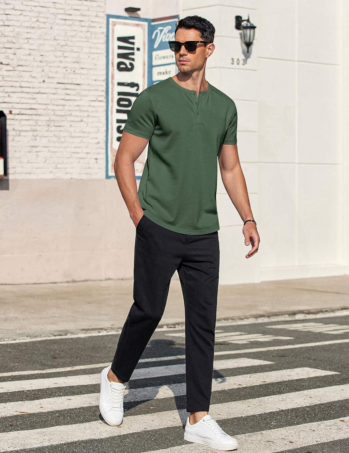 imageCOOFANDY Mens Cotton Henley TShirts Short Sleeve Button Casual Basic Tees Work Shirts with Split SideDark Green