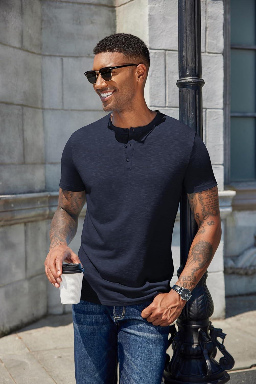 imageCOOFANDY Mens Cotton Henley TShirts Short Sleeve Button Casual Basic Tees Work Shirts with Split SideDark Navy Blue