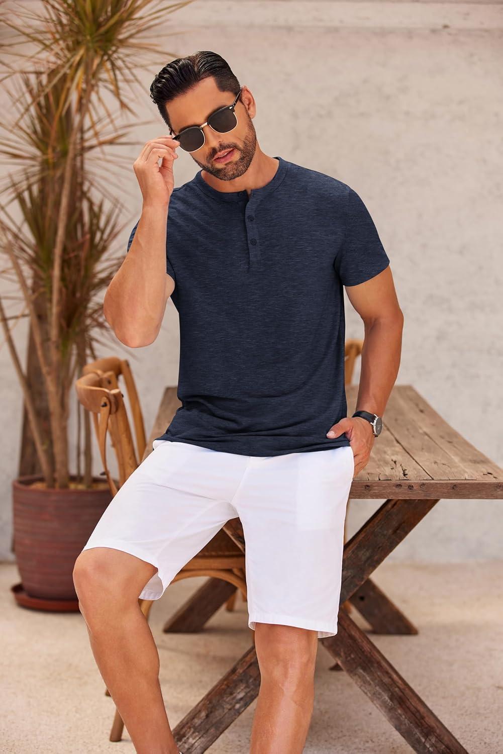 imageCOOFANDY Mens Cotton Henley TShirts Short Sleeve Button Casual Basic Tees Work Shirts with Split SideDark Navy Blue