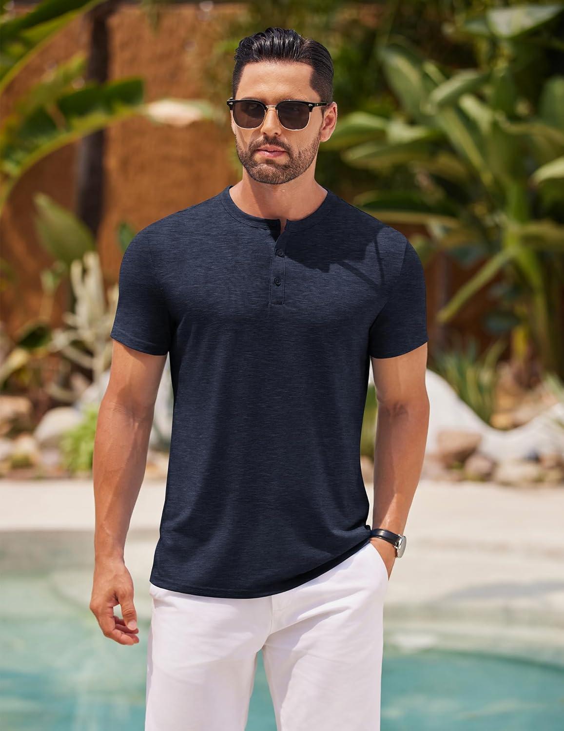 imageCOOFANDY Mens Cotton Henley TShirts Short Sleeve Button Casual Basic Tees Work Shirts with Split SideDark Navy Blue