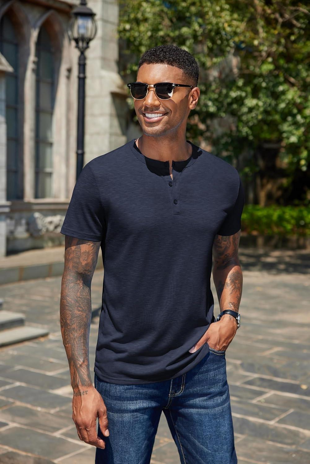 imageCOOFANDY Mens Cotton Henley TShirts Short Sleeve Button Casual Basic Tees Work Shirts with Split SideDark Navy Blue