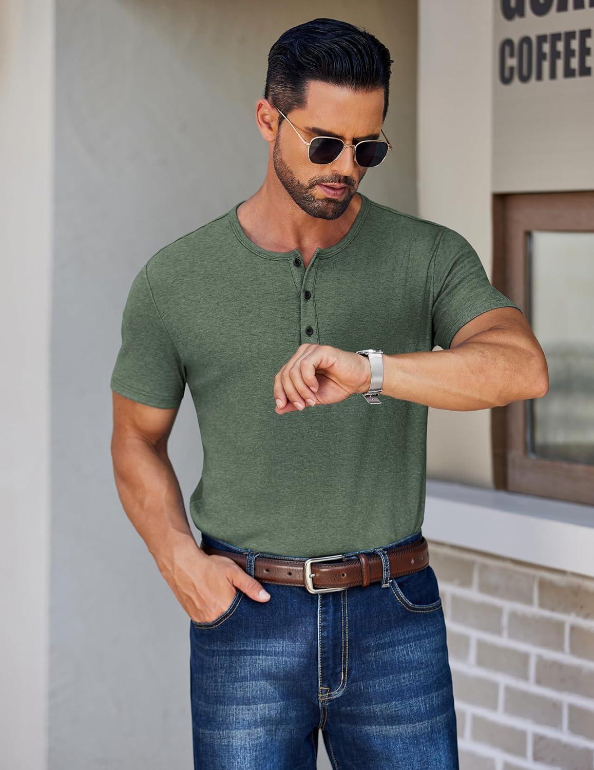 imageCOOFANDY Mens Cotton Henley TShirts Short Sleeve Button Casual Basic Tees Work Shirts with Split SideGreen